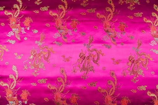Jacquard-Satin - Chinesische Drachen und Pfauen - Pink 