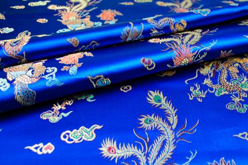 Jacquard-Satin - Chinesische Drachen und Pfauen - Royal 