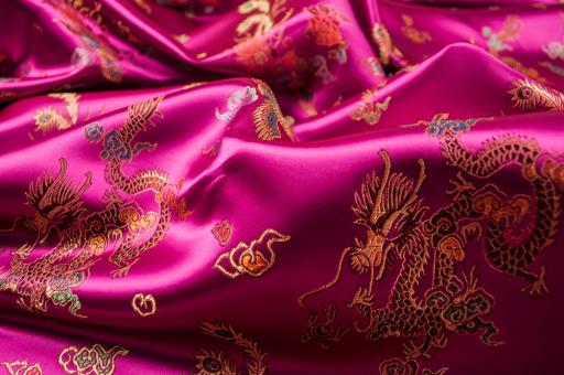 Jacquard-Satin - Chinesische Drachen und Pfauen - Pink 